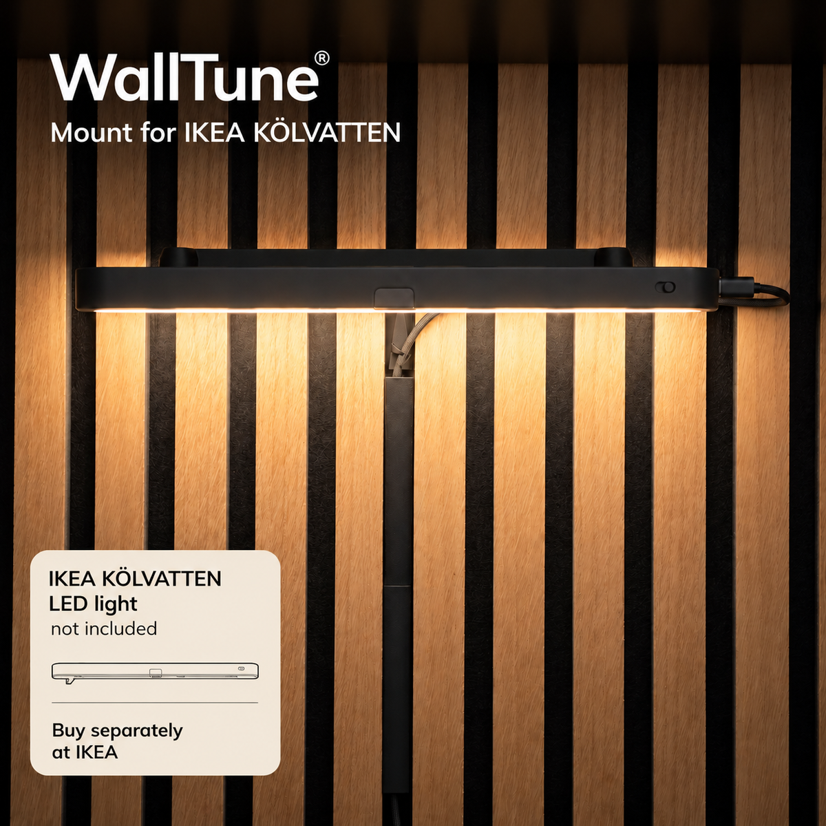 Walltune LED wandlamphouder (IKEA KÖLVATTEN lamp niet inbegrepen) - Installatie: Muurclip